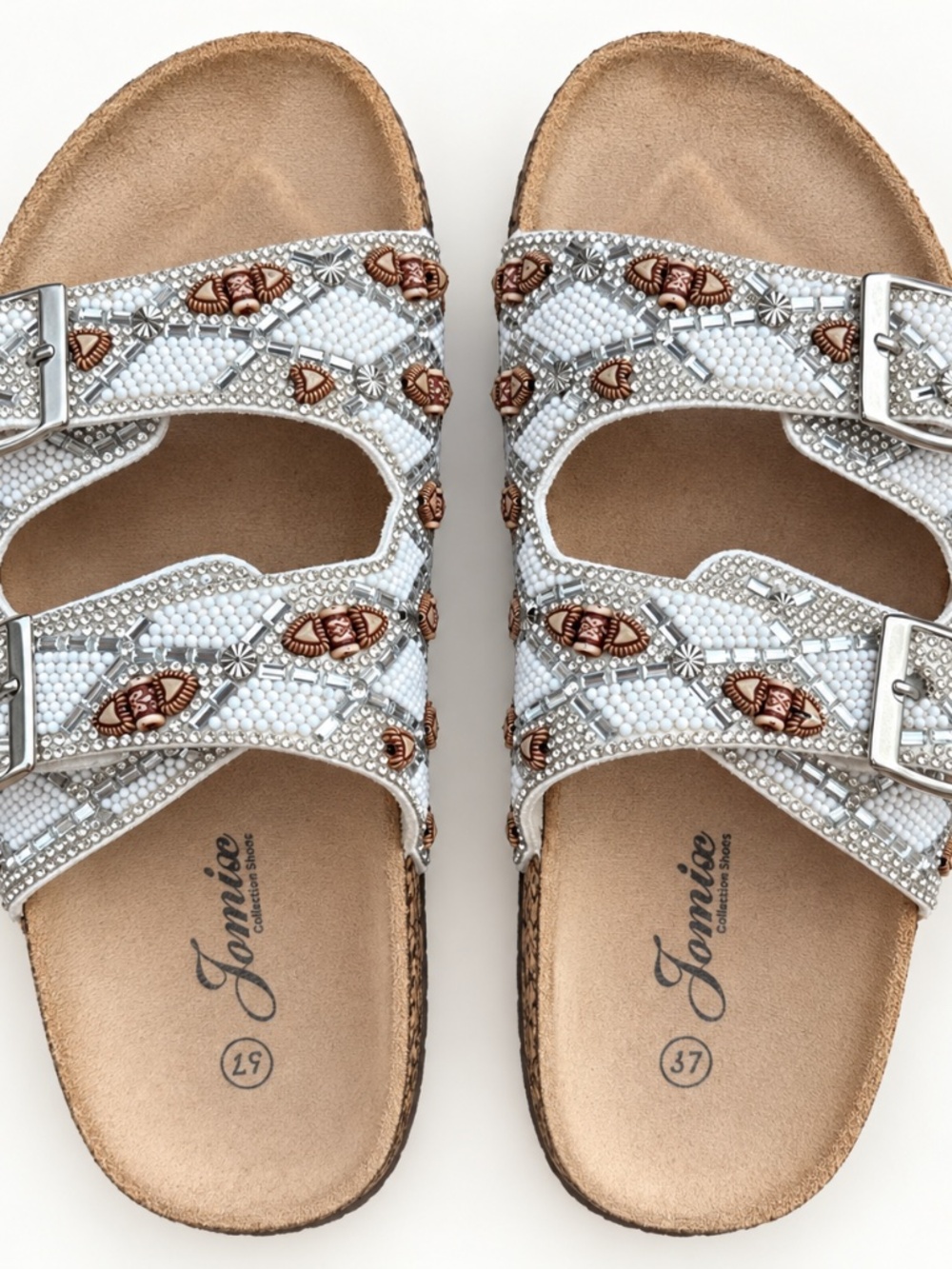 White Silver Beaded Double Buckle Sandals EU 37